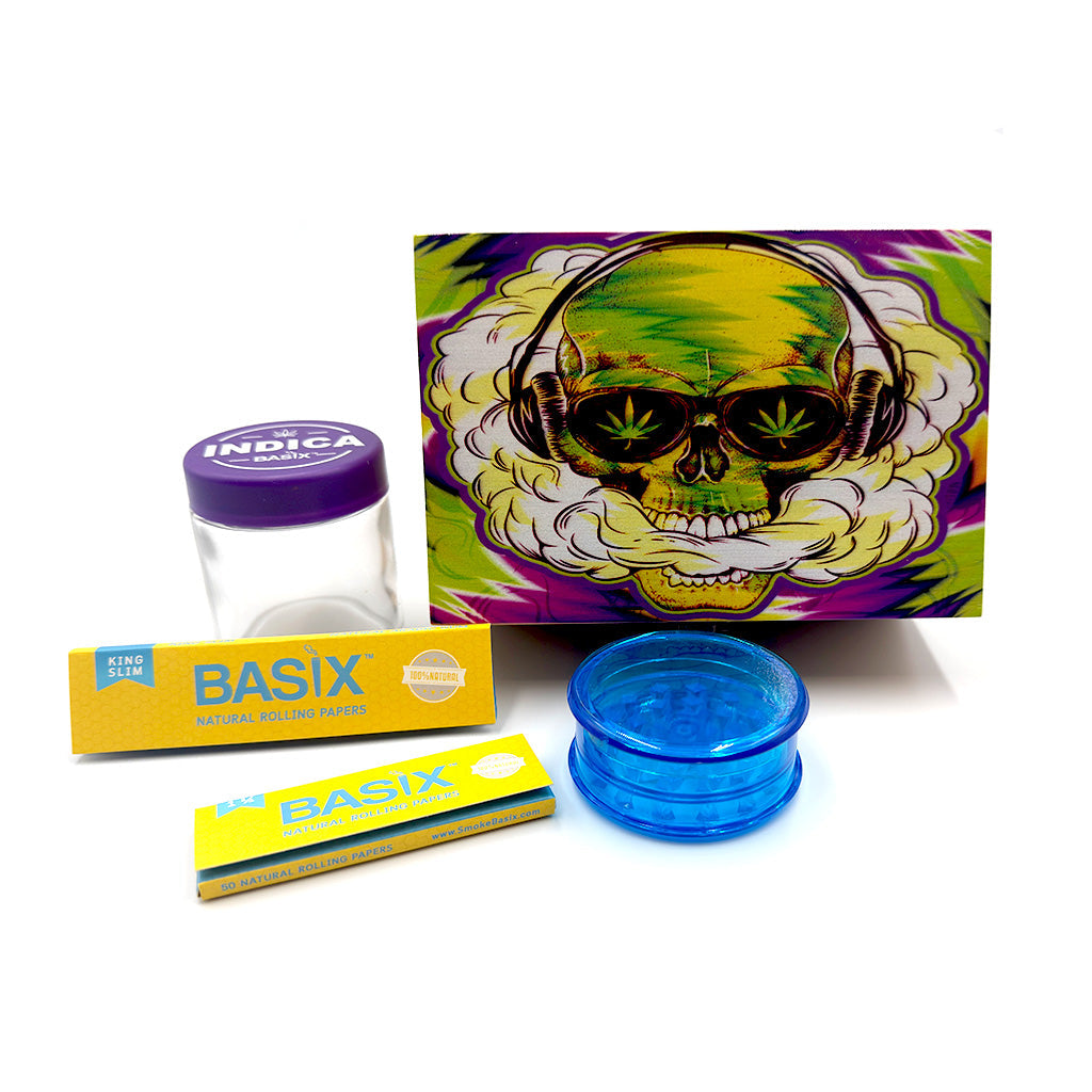 ASST. DESIGN WOOD BOX W/ GRINDER, JAR & PAPERS
